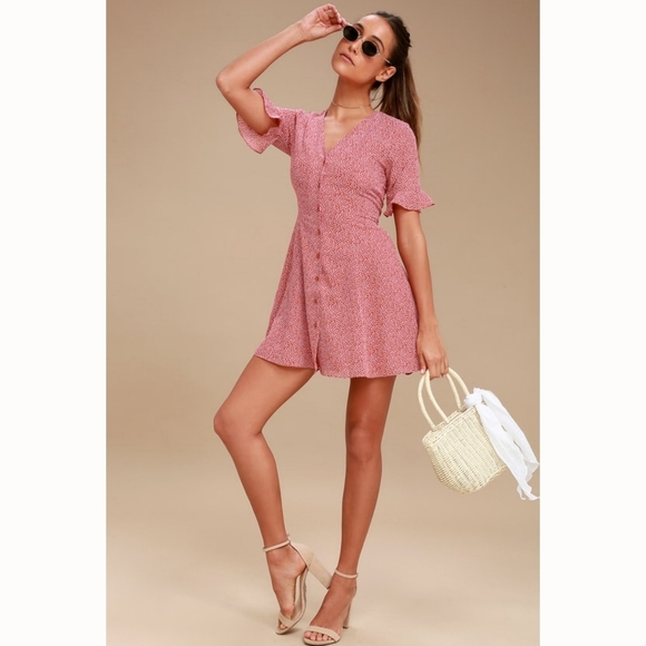 LULU'S Castana Rust Red Print Button-Up Dress - Picture 1 of 10